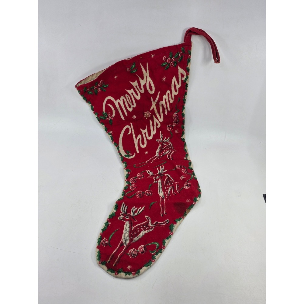 Vintage Mid Century Merry Christmas Stocking Reindeer Santa Kitten Personalized